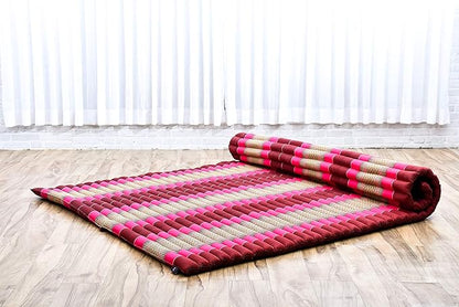 Leewadee - Foldable Floor Mattress - Japanese Roll Up Futon -Trifold Tatami Mat- Guest Floor Bed - Camping Mattress - Thai Massage Mat, Kapok Filled, 75 x 57 inches, Auburn Pink