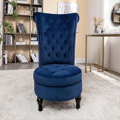 Container Furniture Direct Royal High-Back Velvet Accent Chair for Vanity with Storage and Luxurious Upholstery, Retro Design and Versatile Usage for Living Room, Bedroom, Lounge and Office, Dark Blue