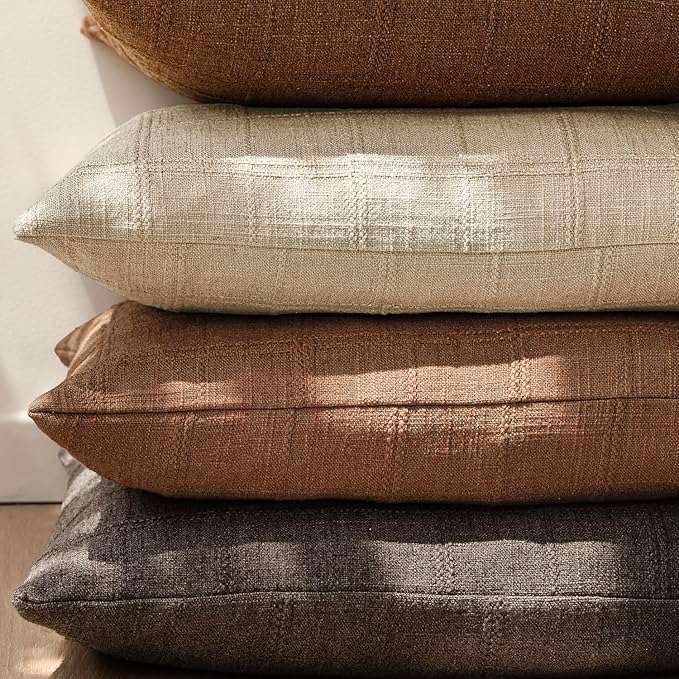 Foindtower Set of 2 Decorative Linen Check Throw Pillow Covers Neutral Farmhouse Vintage Cushion Covers Modern Boho Home Decor for Sofa Chair Couch Bedroom Living Room Outdoor,16×16 Inch,Dark Brown