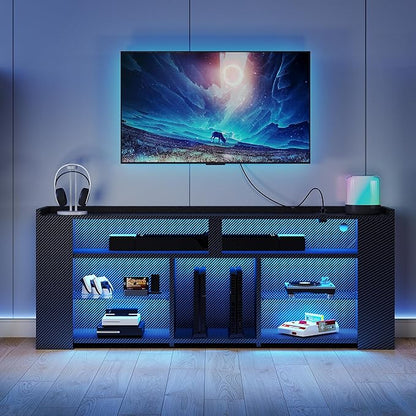 IRONCK Entertainment Center with Storage, 55 Inch Tall TV Stand W/Power Outlet, LED Gaming TV Cabinet for PS4, Black TV Stand with Carbon Fiber