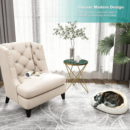 HLR Modern Round Side Table, End Table with Marble Effect Top and Gold Metal Frame, Small Side Table for Living Room, Bedroom, Sofa and Couch, Gold Legs, Green Marble top