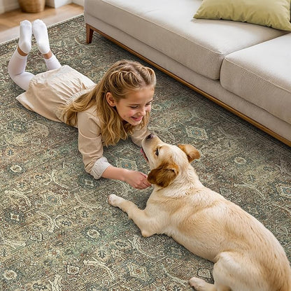 8X10 Area Rugs Machine Washable Rugs for Living Room, Vintage Boho Large Rugs for Bedroom Dining Room, Non Slip Indoor Soft Distressed Lightweight Thin Low Pile Carpet, Green Faded Red