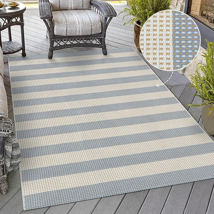 OJIA Washable Area Rugs 4'x6', Striped Outdoor Rug Cotton Woven Entryway Rugs Indoor Patio Rugs Carpet Large Area Rugs for Bedroom/Porch/Deck/Backyard/Camping/Living Room (Blue/White/Tan)