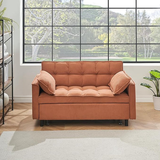 Ball & Cast Convertible Sofa Bed,Loveseat Sleeper Sofa W/Pull-Out Bed,Convertible Pull Out Couch W/2 Pillows,Adjustable Backrest&Side Pocket,Corduroy Futon Couches for Living Room,Apartment,Orange,54"