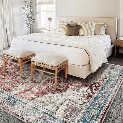 Area Washable Rug 5'x7' Red Blue Washable Vintage Traditional Floor Cover Thin Rug Retro Kitchen Indoor Distressed Non Slip Carpet Floral Print Mat Living Room Bedroom Dining Room