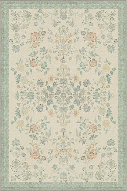GENIMO 6x9 Area Rugs for Living Room, Machine Washable Non Slip Vintage Rugs, Low Pile Lightweight Chenille Print Rug for Bedroom, Dining Room, Home Office, Beige/Green