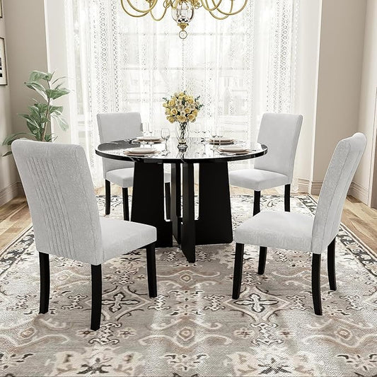 Merax 5-Piece Round Dining Table Set, Modern 4 Upholstered Chairs for Living,Kitchen Room, 43 Inch, Beige+Black