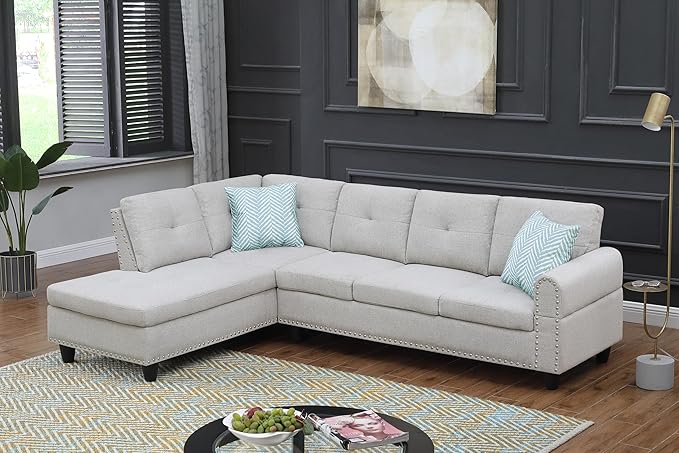 Ball & Cast 98" L Shaped Sectional Couch for Living Room with Chaise & Nailhead Trim,4 Seat Linen Upholstered Modular Sectional Sofa Set 2 PCS W/Cup Holders and 2 Pillows for Home,Office,Light Gray