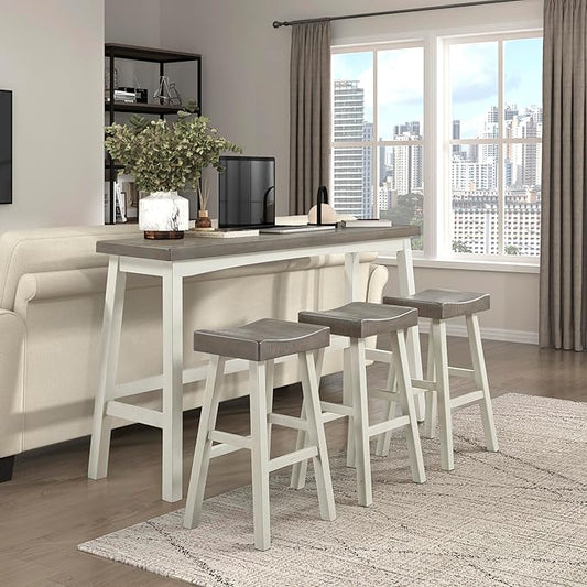 Lexicon Bar Table Set for 3, Small Kitchen Table Set Kitchen Island Table with 3 Saddle Bar Stools, 4 Piece Dining Table Set for Breakfast Nook, Living Room, Apartment, Pub Height, White/Coffee