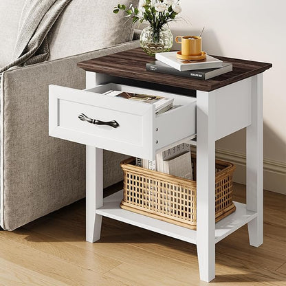 IDEALHOUSE Nightstand, End Table with Drawer, Side Table for Spaces, 2 Tiers Storage Shelves with Dresser, Bedside Table for Living Room, Bedroom, Dorm (White)