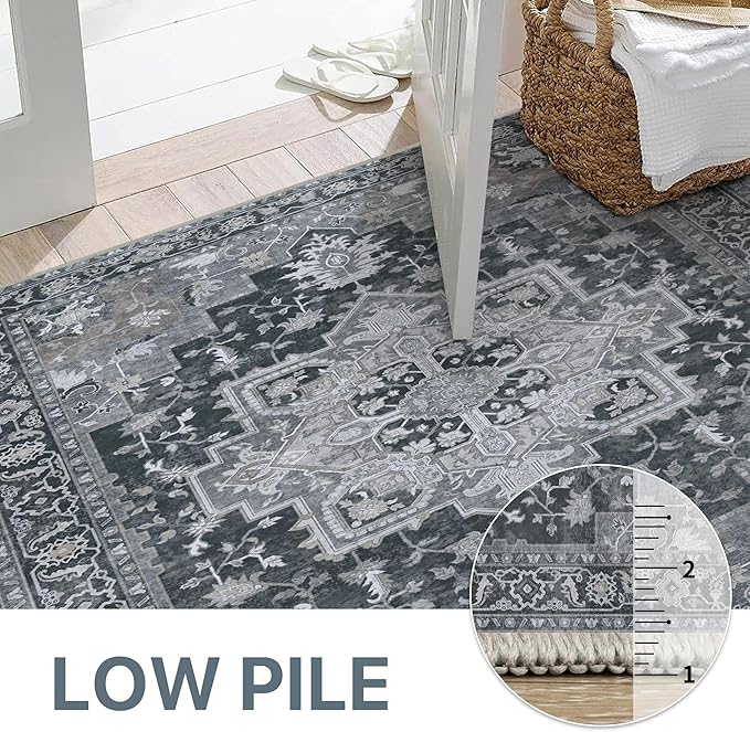 GENIMO 2x10 Runner Rugs for Hallway, Machine Washable Non Slip Vintage Rugs, Low Pile Lightweight Soft Print Rug for enrtyway, Corridor, Home Office, Kitchen,Dark Gray