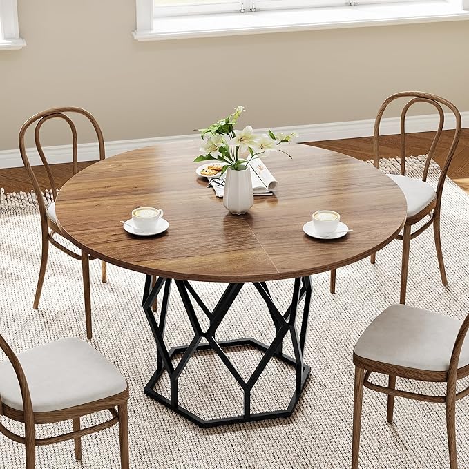GarveeHome Round Dining Table for 4-6 People, 47 Inch Farmhouse Kitchen Table, Sturdy Metal Base, Industrial Wood Dinning Room Table for Kitchen, Brown