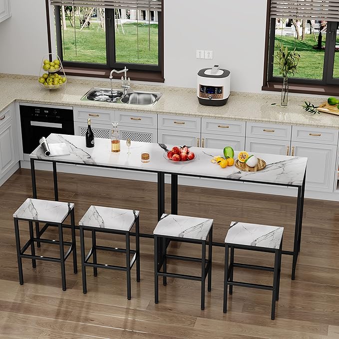 Aklaus Bar Table Set,44" White Faux Marble Top Bar Table and Chairs Set,Counter Height Bar Table with 2 Bar Stools,3 Piece Kitchen Breakfast Table for Living Room Dining Room Apartment