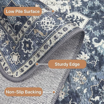 GENIMO 2x6 Runner Rugs for Hallway, Machine Washable Non Slip Vintage Rugs, Low Pile Lightweight Soft Print Rug for enrtyway, Corridor, Home Office, Kitchen, Center Blue
