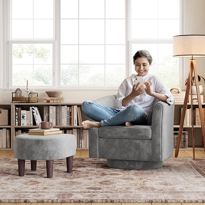 LINSY Swivel Accent Chair with Ottoman: Small Velvet Barrel Chair 360 Swivel Modern Armchair, Upholstered Reading Chair with Footrest for Living Room Bedroom Study Room (Grey)