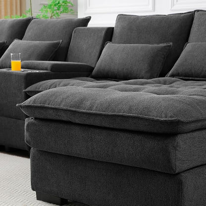 KEIKI 130" U-Shaped 6 seat Sofa with Storage Console, Cup Holders, Upholstered Sectional Sofa, Button Tufted Cloud Cushion Couch for Home, Office, Apartment, Gray