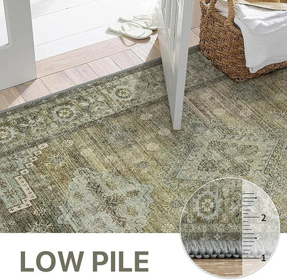 GENIMO Runner Rug 2x5 Non Slip Machine Washable Vintage Hallway Runner Rugs, Low Pile Lightweight Mat for Living Room, Entryway, Bedroom, Kitchen and Corridor, Distressed Sage