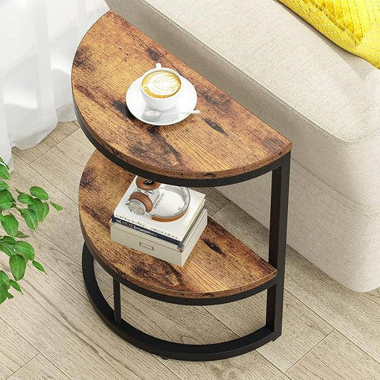 Tribesigns End Table Semi Circle, Small Half Round Side Table with Storage Shelf, Wood Accent Table Slim C Table for Sofa Couch, Living Room, Bedroom, Easy Assembly (Rustic Brown & Black, 2-Tier)