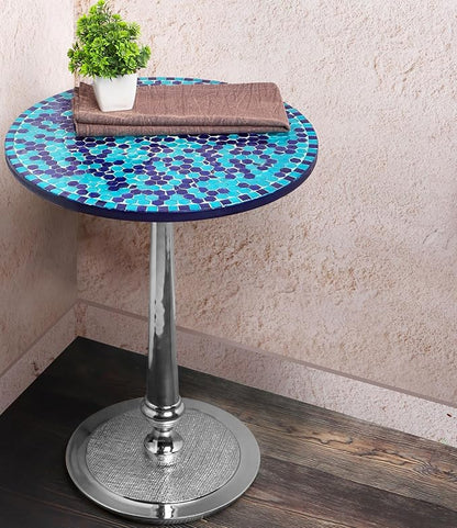 CLEENTABLE Mosaic Round End Table for Living Room & Bedroom - Artistic Coffee Side Table with Polished Aluminum Legs, Enamel-Coated Top, Lightweight Design, Easy Assembly (Blue Silver)