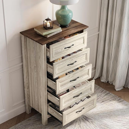 LINSY HOME Tall Dresser for Bedroom with 5 Drawers, 45" Tall Dressers & Chests of Drawers, Modern Farmhouse Large Vertical Dresser with Wood Legs for Bedroom, Closet, Living Room, Hallway, Beige