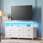 Huuger LED TV Stand for Bedroom, 47 Inch Dresser TV Stand for 43, 50, 55 Inch TV, White TV Stand with Storage, Entertainment Center with Power Outlets, 6 Drawer Fabric Dresser for Living Room