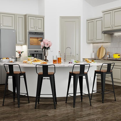 Yongchuang 30 inch Bar Stools Set of 4 Bar Height Metal Barstools with Wood Seat Low Back Kitchen Bar Chairs Matte Black