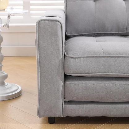 ERYE Modern Upholstered Loveseat Sofa Foldable Convertible Floor Sofabed W/Cupholders and Pockets, 3 Fold Tufted Futon Lounge Sofa with Pull Out Sleeper Couch Bed for Living Room Bedroom Studio
