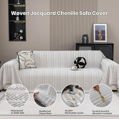 Nobildonna Sofa Cover Washable Soft Thicken Chenille Couch Cover with Tassel,Waterproof Sofa Slipcover for 3-4 Cushion Couch,Sectional Sofa,L-Shaped Furniture Protector Pet-Friendly,Beige 91"x134"