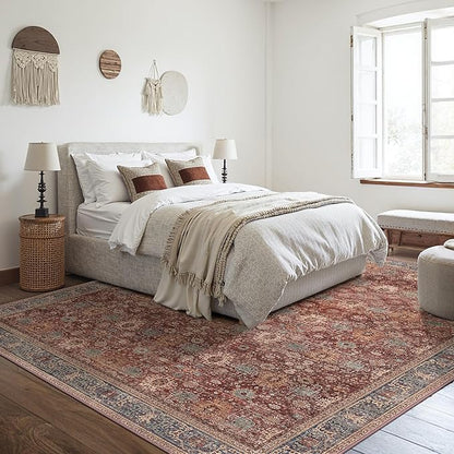10X12 Area Rugs Machine Washable Rugs for Living Room, Vintage Boho Large Rugs for Bedroom Dining Room, Non Slip Indoor Soft Distressed Lightweight Thin Low Pile Carpet, Red Brown