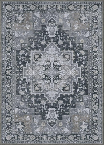 GENIMO 6x9 Area Rugs for Living Room, Machine Washable Non Slip Vintage Rugs, Low Pile Lightweight Chenille Print Rug for Bedroom, Dining Room, Home Office,Dark Gray