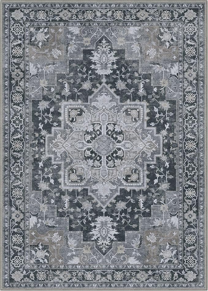 GENIMO 10x12 Area Rugs for Living Room, Machine Washable Non Slip Vintage Rugs, Low Pile Lightweight Chenille Print Rug for Bedroom, Dining Room, Home Office,Dark Gray