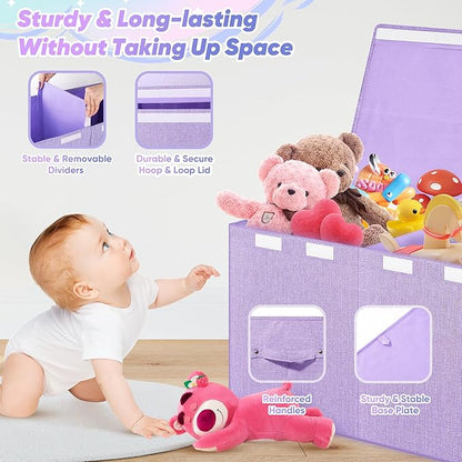 Extra Large Toy Box, Toy Chest for Kids Boys Girls, Collapsible Sturdy Storage Organizer with Mesh Pockets, 40"x14"x16" Kids Box Bins Baskets for Nursery, Playroom, Purple