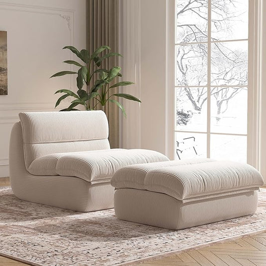 Bean Bag Chair with Ottoman, Cozy Comfy Reading Nook Chairs, Ultra Soft Corduroy Fabric Bean Bag Chairs for Adults, Reading Chair with Ottoman for Living Room, Bedroom Apartment (Beige)