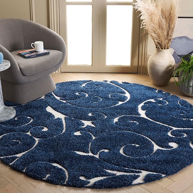SAFAVIEH Florida Shag Collection Area Rug - 11' Round, Dark Blue & Cream, Scroll Design, Non-Shedding & Easy Care, 1.2-inch Thick Ideal for High Traffic Areas in Living Room, Bedroom (SG455-6511)