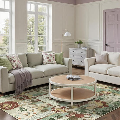 GENIMO 5X7 Floral Area Rugs for Living Room, Machine Washable Non Slip Vintage Patchwork Washable Rug, Ultra-Thin Low Pile Chenille Rugs for Bedroom, Dining Room, Celadon Green