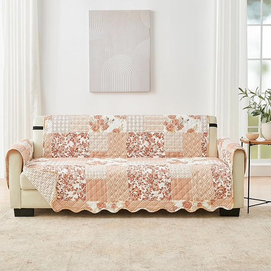 Great Bay Home Reversible Patchwork Sofa Cover - Washable Slipcover Furniture Protector with Elastic Straps - Couch Cover for Dogs, Kids, and Pets - Box-Stitched Detail (Sofa, Dusty Rose)