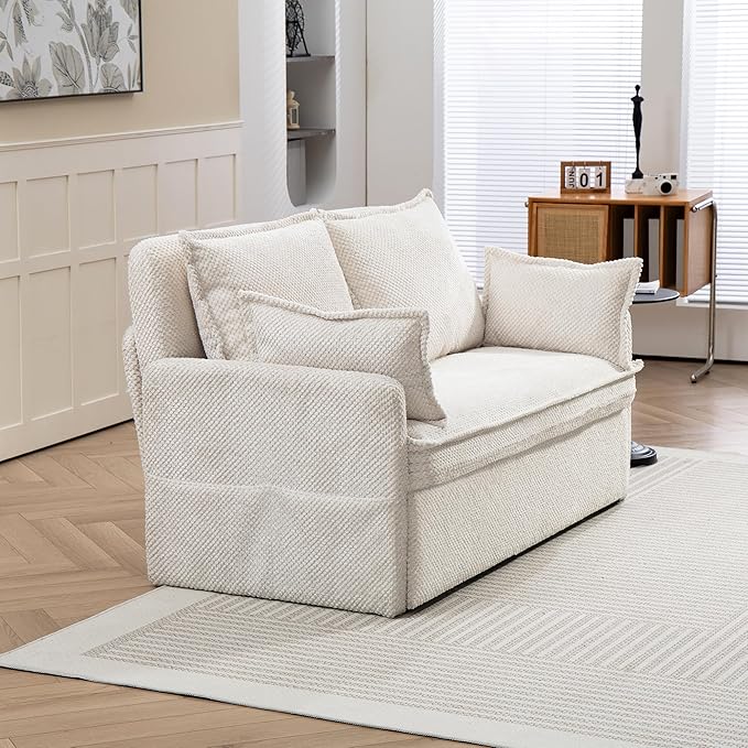 Furnimart 73.6" King Size Pull Out Sofa Bed, 3 in 1 Convertible Sleeper Bed with USB/C-Type Charging Ports & Side Pockets, Modern Futon Couch for Living Room, Apartment, Bedroom, Corduroy White