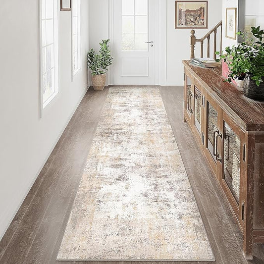 3x7 Washable Runner Rug Beige Grey Neutral Abstract Hallway Kitchen Living Room Bedroom Non Slip Throw Rug Soft Low Pile Indoor Carpet for Entrance Laundry Bathroom