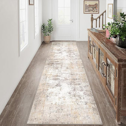 2x10 Washable Runner Rug Beige Grey Neutral Abstract Hallway Kitchen Living Room Bedroom Non Slip Throw Rug Soft Low Pile Indoor Carpet for Entrance Laundry Bathroom
