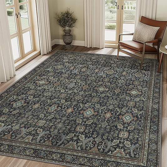 10X14 Area Rugs Machine Washable Rugs for Living Room, Vintage Boho Large Rugs for Bedroom Dining Room, Non Slip Indoor Soft Distressed Lightweight Thin Low Pile Carpet, Black