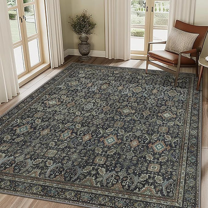 8X10 Area Rugs Machine Washable Rugs for Living Room, Vintage Boho Large Rugs for Bedroom Dining Room, Non Slip Indoor Soft Distressed Lightweight Thin Low Pile Carpet, Black