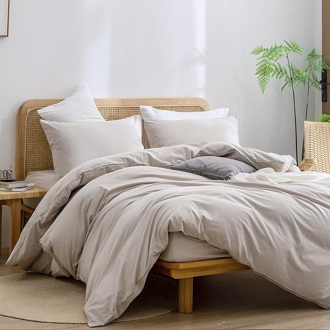 BESTOUCH Duvet Cover Set 100% Washed Cotton Linen Feel Super Soft Comfortable Chic Lightweight 3 PCs Home Bedding Set Solid Linen Grey Full/Double