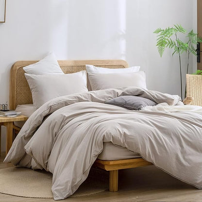 BESTOUCH Duvet Cover Set 100% Washed Cotton Linen Feel Super Soft Comfortable Chic Lightweight 3 PCs Home Bedding Set Solid Linen Grey Full/Double