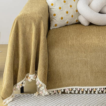 HANDONTIME Couch Covers for Pets Boho Mustard Yellow Love Seat Couch Covers Brown Sofa Cover for Dogs Pet Couch Protector Chenille Tassel Sofa Slipcovers Sofa Throw Cover Boho Decor for Living Room