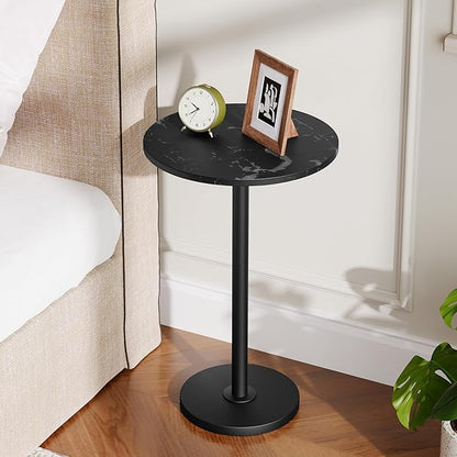 Round Side Table Set of 2, Tall Drink End Table for Small Spaces, Pedestal Style Martini Side Table in Living Room, Bedroom, Dormitory, Marble Black and Black ET30L2BM