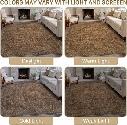 9X12 Area Rugs Machine Washable Rugs for Living Room, Vintage Boho Large Rugs for Bedroom Dining Room, Non Slip Indoor Soft Distressed Lightweight Thin Low Pile Carpet, Rustic Brown