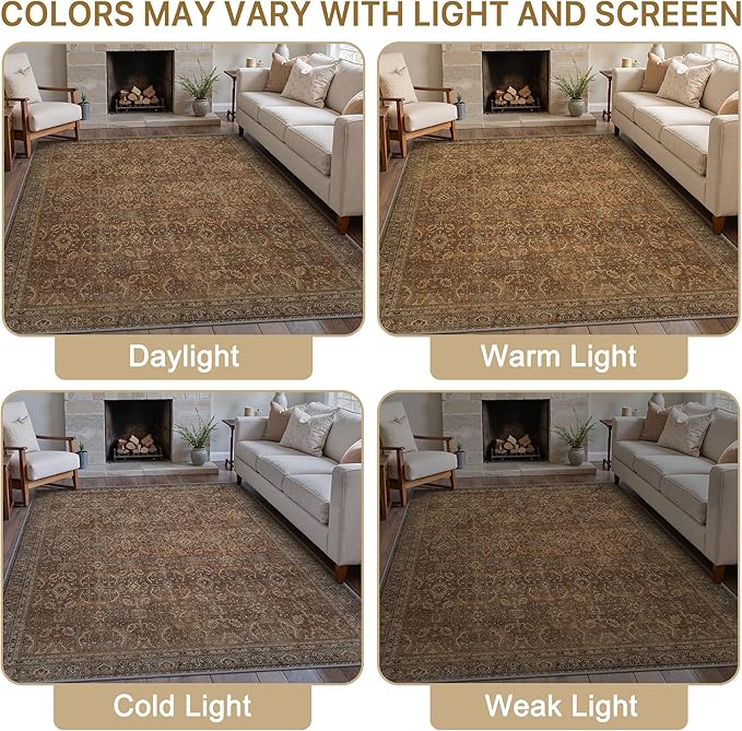 8X10 Area Rugs Machine Washable Rugs for Living Room, Vintage Boho Large Rugs for Bedroom Dining Room, Non Slip Indoor Soft Distressed Lightweight Thin Low Pile Carpet, Rustic Brown
