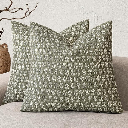 Foindtower Set of 2 Decorative Neutral Floral Print Throw Pillow Covers Vintage Accent Farmhouse Cushion Covers Boho Home Decor for Sofa Couch Chair Bedroom Living Room Outdoor,20×20 Inch,Sage Green