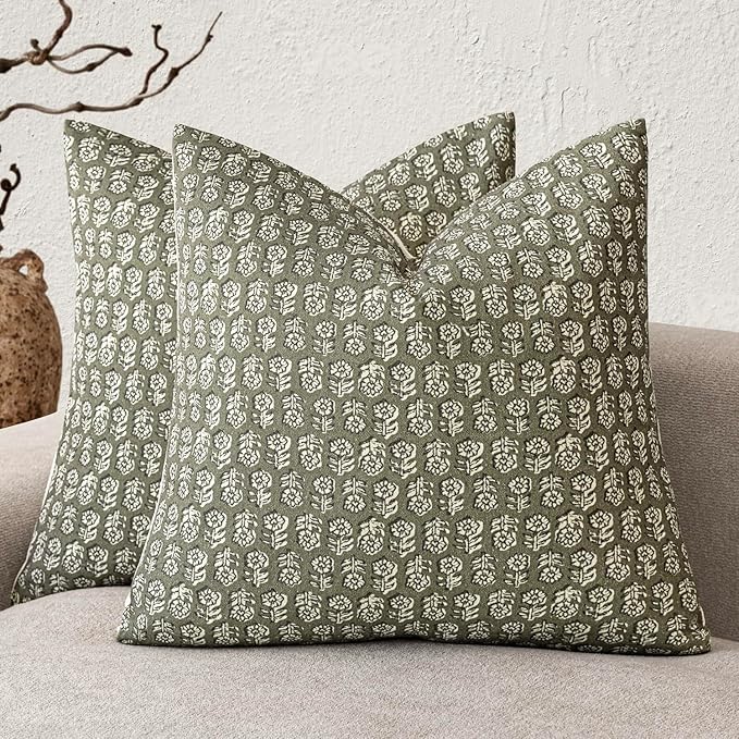 Foindtower Set of 2 Decorative Vintage Floral Print Throw Pillow Covers Neutral Modern Farmhouse Cushion Covers Boho Home Decor for Sofa Couch Chair Bedroom Living Room Outdoor,22×22 Inch,Sage Green
