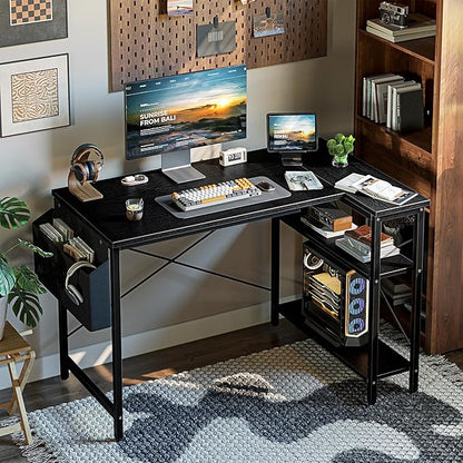 L Shaped Computer Desk with Reversible Shelves, 47 Inch Small Corner Desk with Storage Bag, Gaming Desk Computer Table Study Writing Table for Home Office Bedroom Small Space, Black